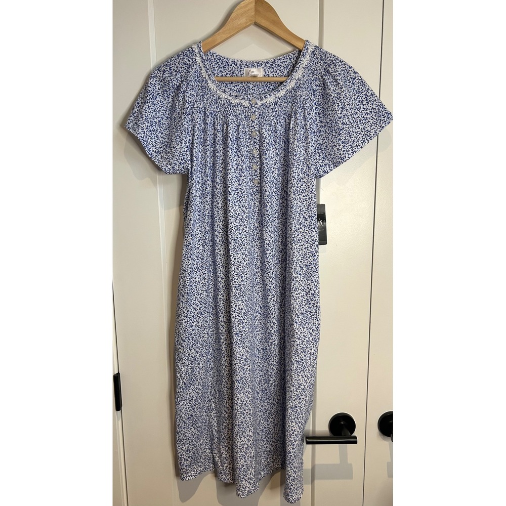 Aria Collection Blue White Floral Cotton Nightgown Lace Trim Size L AZ06100GA
